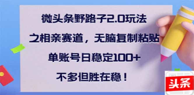（14334期）微头条野路子2.0玩法之相亲赛道，无脑搬砖复制粘贴，单账号日稳定300+…网赚项目-副业赚钱-互联网创业-资源整合-私域引流-黑科技软件-引流软件哲客网创
