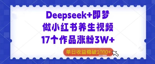 Deepseek+即梦做小红书养生视频17个作品涨粉3W+单日收益几张网赚项目-副业赚钱-互联网创业-资源整合-私域引流-黑科技软件-引流软件哲客网创