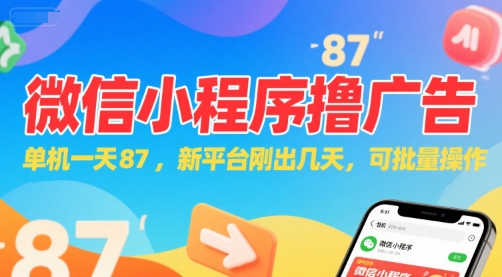 微信小程序看广告，单机一天87，新平台刚出几天，可批量操作，日入5张网赚项目-副业赚钱-互联网创业-资源整合-私域引流-黑科技软件-引流软件哲客网创