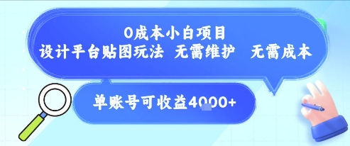 0成本小白项目，设计平台贴图玩法，无需维护，无需成本，单账号单月可产生收益4k+网赚项目-副业赚钱-互联网创业-资源整合-私域引流-黑科技软件-引流软件哲客网创