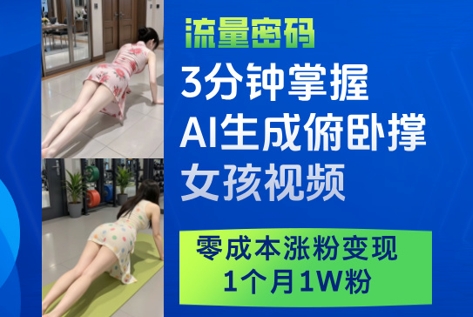 3分钟掌握AI生成俯卧撑女孩视频，零成本涨粉变现，1个月1W粉网赚项目-副业赚钱-互联网创业-资源整合-私域引流-黑科技软件-引流软件哲客网创