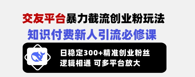 交友平台暴力截流创业粉玩法，知识付费新人引流必修课，日稳定300+精准创业粉丝，逻辑相通可多平台放大网赚项目-副业赚钱-互联网创业-资源整合-私域引流-黑科技软件-引流软件哲客网创