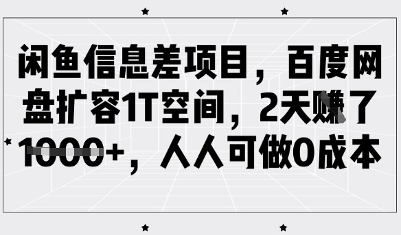 闲鱼信息差项目，百度网盘扩容1T空间，2天收益1k+，人人可做0成本网赚项目-副业赚钱-互联网创业-资源整合-私域引流-黑科技软件-引流软件哲客网创