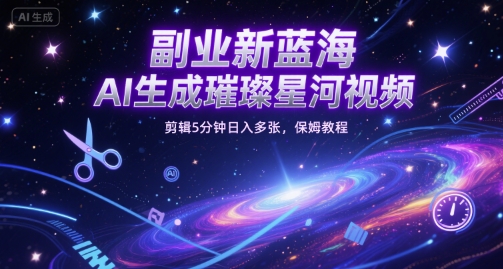 副业新蓝海，AI生成璀璨星河视频，剪辑5分钟日入多张，保姆教程网赚项目-副业赚钱-互联网创业-资源整合-私域引流-黑科技软件-引流软件哲客网创