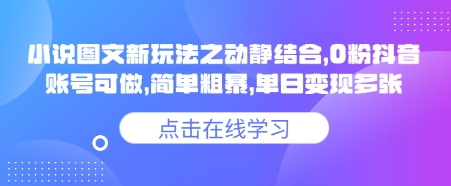 小说推文图文新玩法之动静结合，0粉抖音账号可做，简单粗暴，单日变现多张网赚项目-副业赚钱-互联网创业-资源整合-私域引流-黑科技软件-引流软件哲客网创