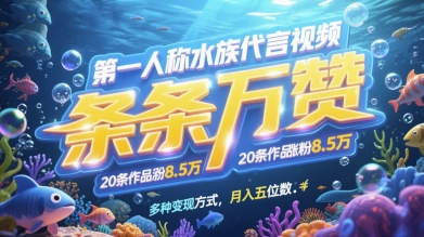 第一人称水族代言视频，条条万赞，20条作品涨粉7.8W，多种变现方式月入五位数网赚项目-副业赚钱-互联网创业-资源整合-私域引流-黑科技软件-引流软件哲客网创