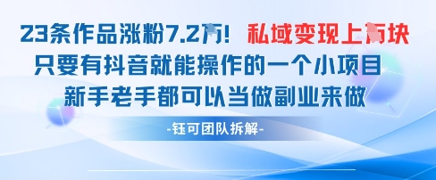 抖音私域项目23条作品涨粉7.2W，私域变现1W网赚项目-副业赚钱-互联网创业-资源整合-私域引流-黑科技软件-引流软件哲客网创