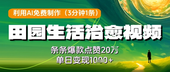 利用AI免费制作田园生活治愈视频，条条爆款点赞20W，单日变现几张网赚项目-副业赚钱-互联网创业-资源整合-私域引流-黑科技软件-引流软件哲客网创