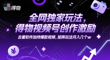 全网独家玩法，得物视频号创作激励 去重软件加持爆款视频，矩阵玩法月入几个w【揭秘】网赚项目-副业赚钱-互联网创业-资源整合-私域引流-黑科技软件-引流软件哲客网创