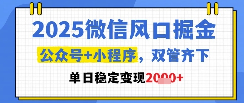 2025微信风口掘金，公众号+小程序双管齐下，单日稳定变现1k+【揭秘】网赚项目-副业赚钱-互联网创业-资源整合-私域引流-黑科技软件-引流软件哲客网创