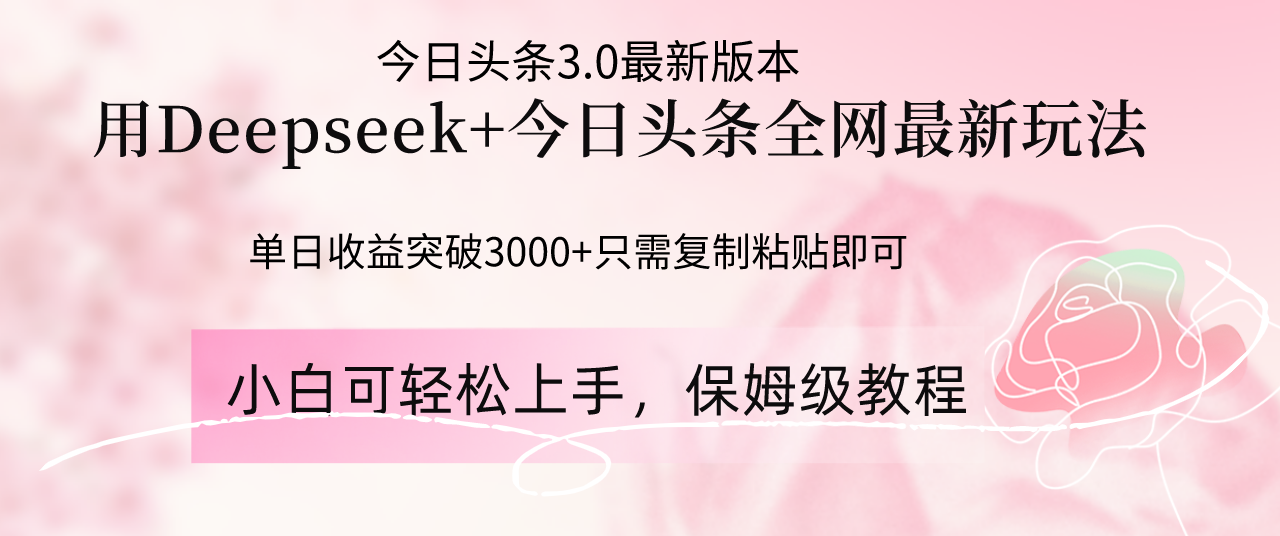 （14452期）Deepseek结合今日头条全网最新玩法，单日收益突破3000+，只需要简单的…网赚项目-副业赚钱-互联网创业-资源整合-私域引流-黑科技软件-引流软件哲客网创