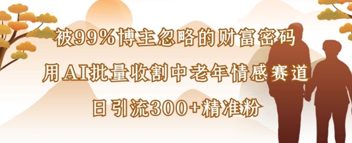 被99%博主忽略的财富密码：用AI批量收割中老年情感赛道，日引流300+精准粉网赚项目-副业赚钱-互联网创业-资源整合-私域引流-黑科技软件-引流软件哲客网创