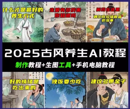 抖音AI古风养生视频教程，日入五张，轻松涨粉 10W+网赚项目-副业赚钱-互联网创业-资源整合-私域引流-黑科技软件-引流软件哲客网创