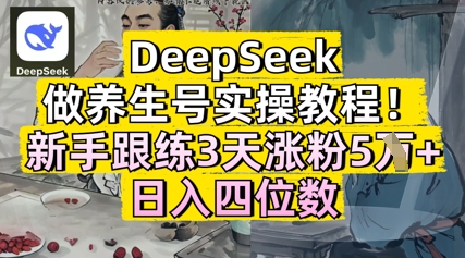 DeepSeek做养生号实操教程，新手跟练3天涨粉5W+，日入三位数网赚项目-副业赚钱-互联网创业-资源整合-私域引流-黑科技软件-引流软件哲客网创