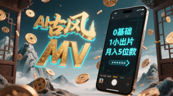 AI一键生成古风音乐MV，0剪辑基础1小时出片，多种变现渠道，一部手机月入5位数网赚项目-副业赚钱-互联网创业-资源整合-私域引流-黑科技软件-引流软件哲客网创