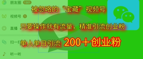 被忽略的“宝藏”视频号引流精准创业粉单人单日引流200+精准粉网赚项目-副业赚钱-互联网创业-资源整合-私域引流-黑科技软件-引流软件哲客网创