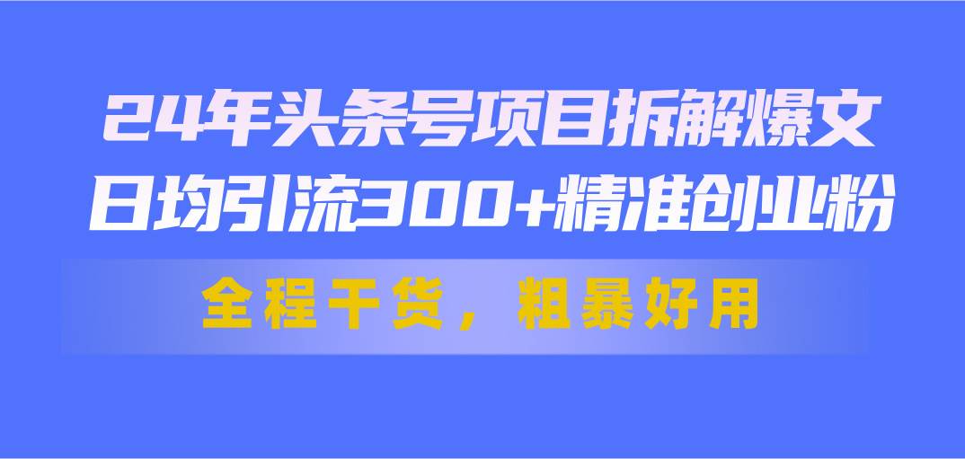 24年头条号项目拆解爆文，日均引流300+精准创业粉，全程干货，粗暴好用网赚项目-副业赚钱-互联网创业-资源整合-私域引流-黑科技软件-引流软件哲客网创